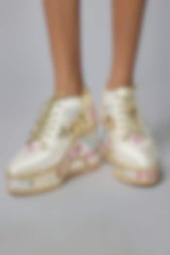 Gold Satin Embroidered Sneaker Wedges by TIESTA at Pernia's Pop Up Shop