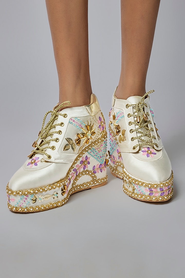 Gold Satin Embroidered Sneaker Wedges by TIESTA at Pernia's Pop Up Shop