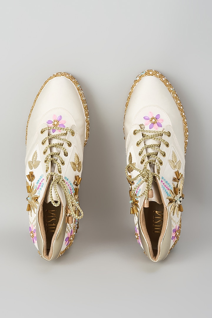 Gold Satin Embroidered Sneaker Wedges by TIESTA at Pernia's Pop Up Shop