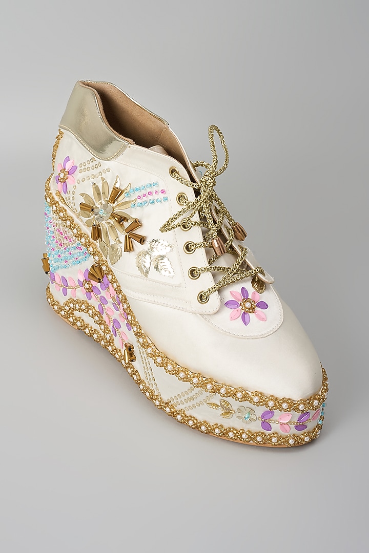 Gold Satin Embroidered Sneaker Wedges by TIESTA at Pernia's Pop Up Shop