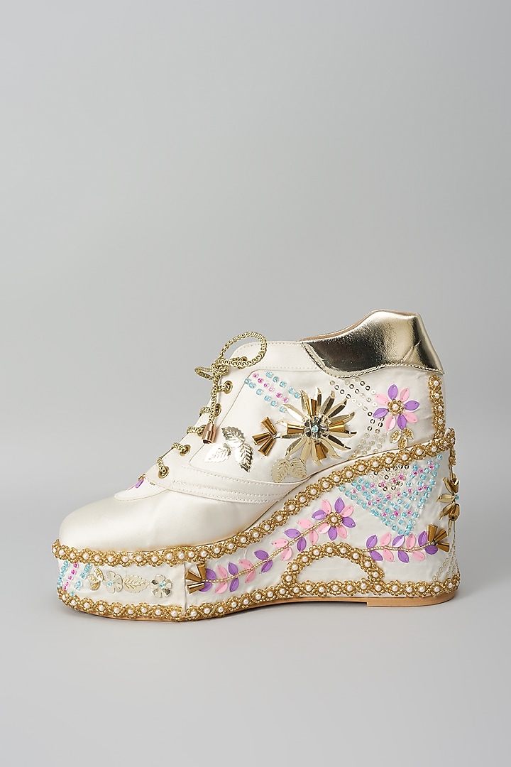 Gold Satin Embroidered Sneaker Wedges by TIESTA at Pernia's Pop Up Shop