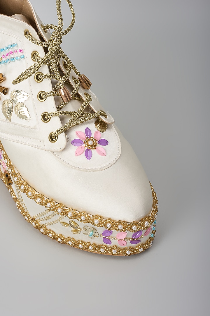 Gold Satin Embroidered Sneaker Wedges by TIESTA at Pernia's Pop Up Shop