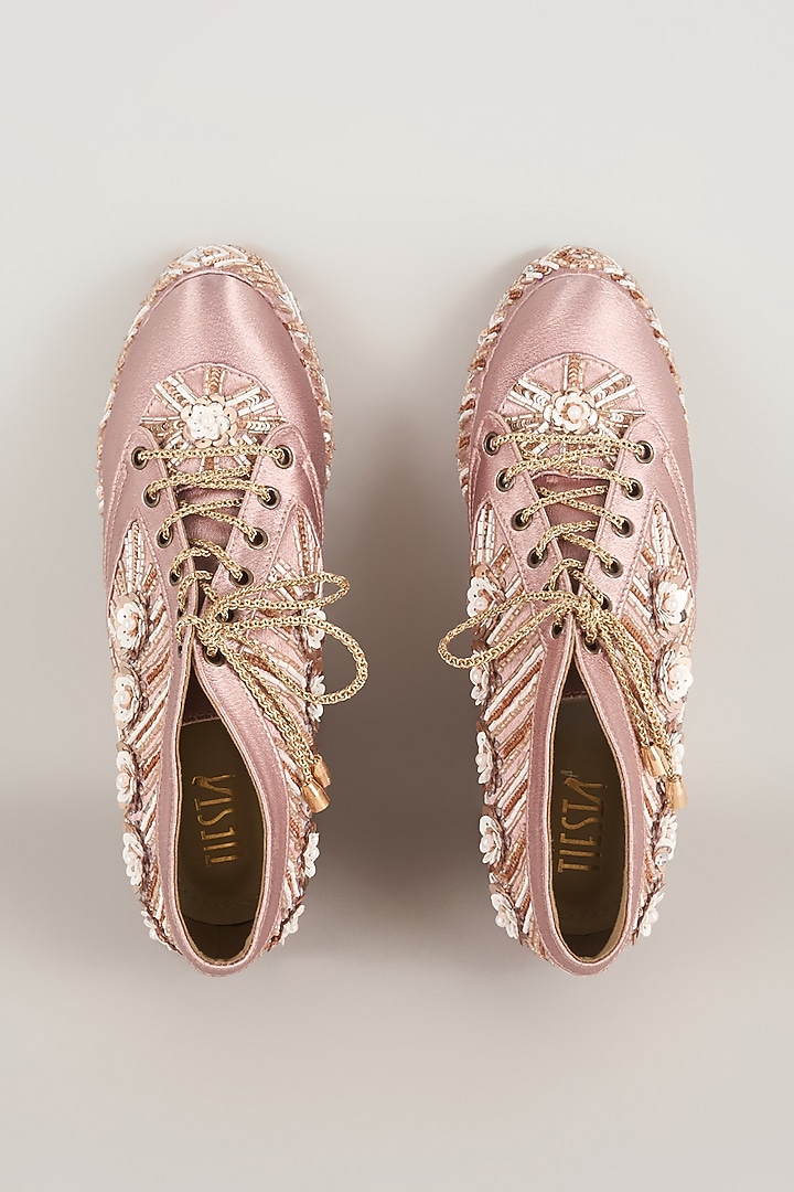 Pink Satin Embroidered Sneaker Wedges by TIESTA at Pernia's Pop Up Shop