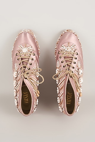 Pink Satin Embroidered Sneaker Wedges by TIESTA