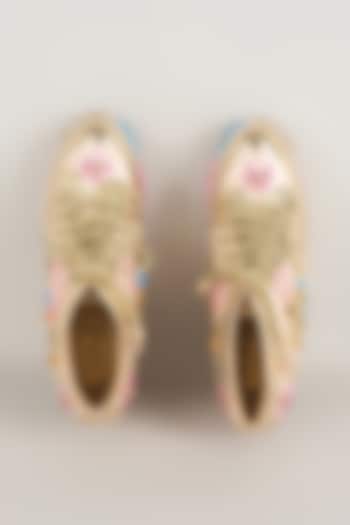 Gold Satin & Faux Leather Embroidered Sneaker Wedges by TIESTA at Pernia's Pop Up Shop