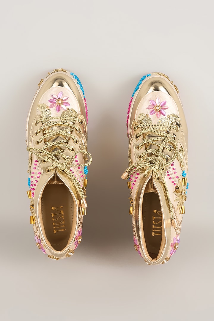 Gold Satin & Faux Leather Embroidered Sneaker Wedges by TIESTA at Pernia's Pop Up Shop