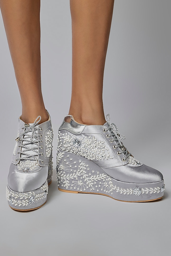 Ivory Satin Gold Embroidered Sneaker Wedges by TIESTA at Pernia's Pop Up Shop