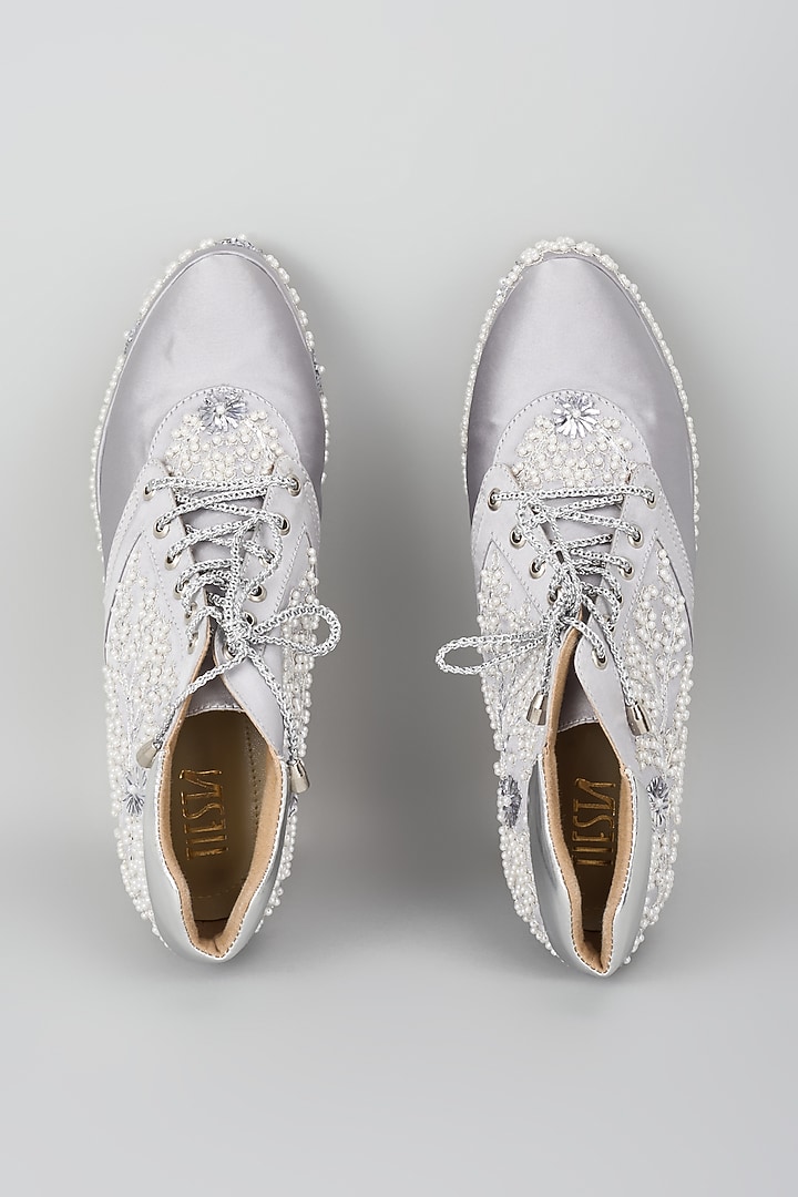 Ivory Satin Gold Embroidered Sneaker Wedges by TIESTA at Pernia's Pop Up Shop