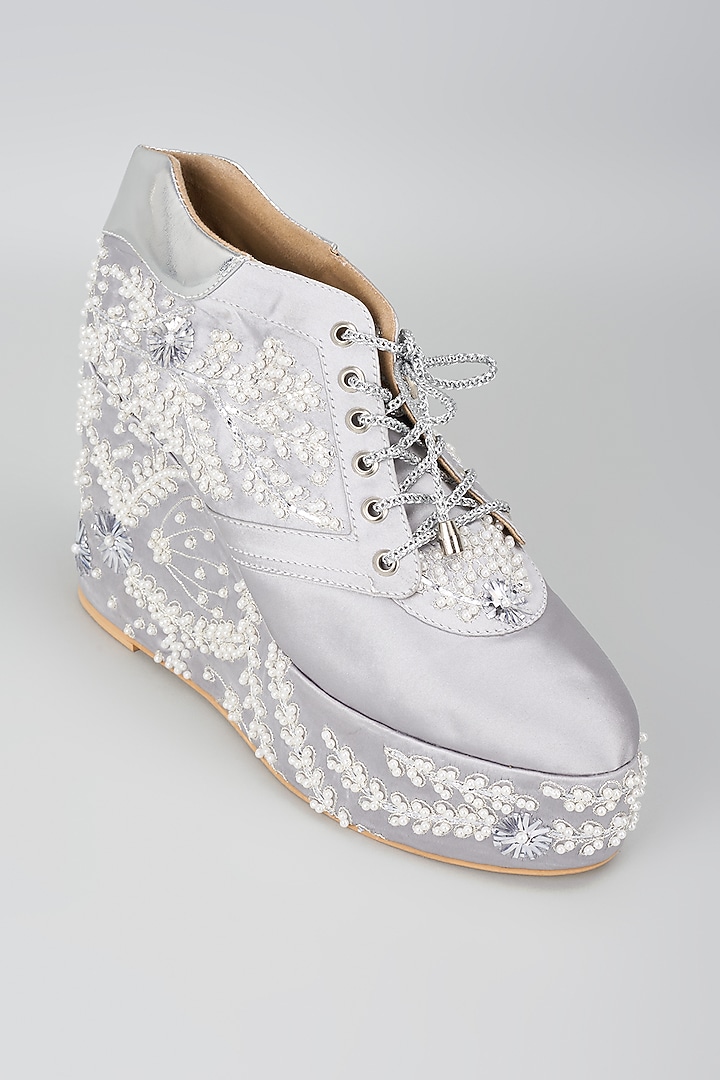 Ivory Satin Gold Embroidered Sneaker Wedges by TIESTA at Pernia's Pop Up Shop