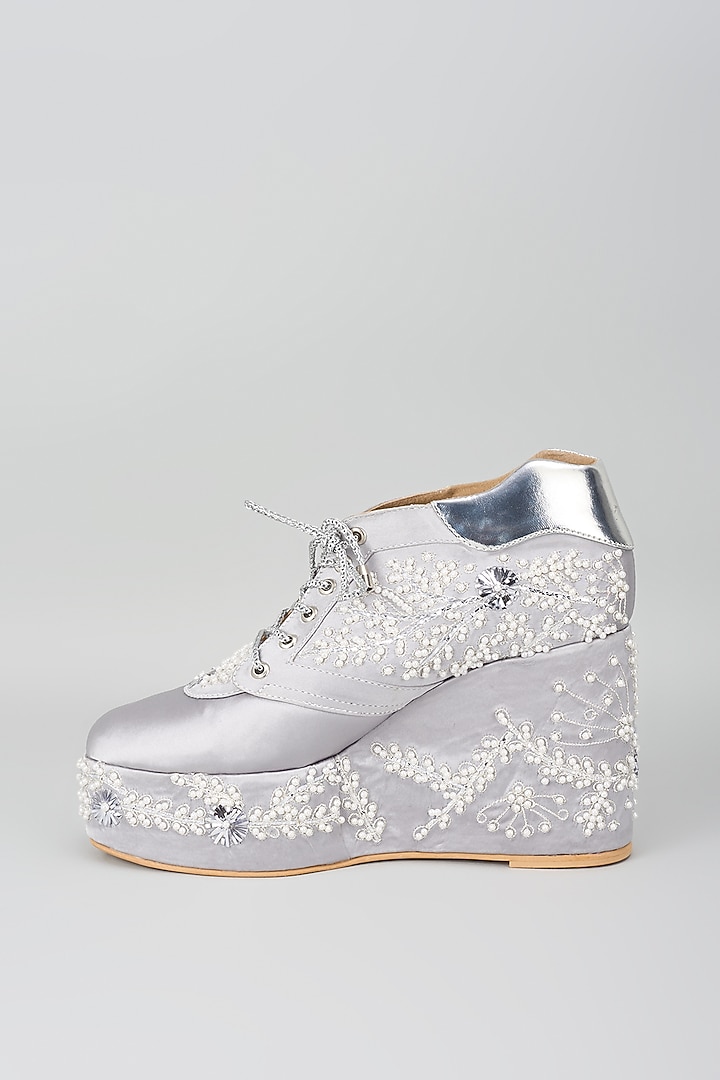 Ivory Satin Gold Embroidered Sneaker Wedges by TIESTA at Pernia's Pop Up Shop