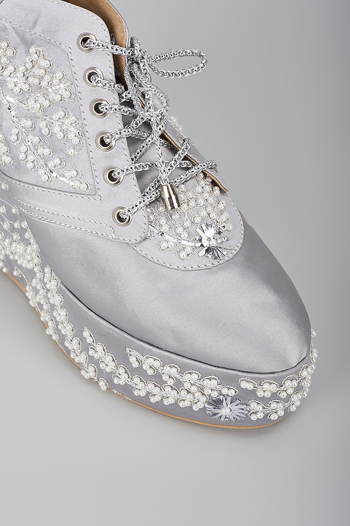 Ivory Satin Gold Embroidered Sneaker Wedges by TIESTA at Pernia's Pop Up Shop