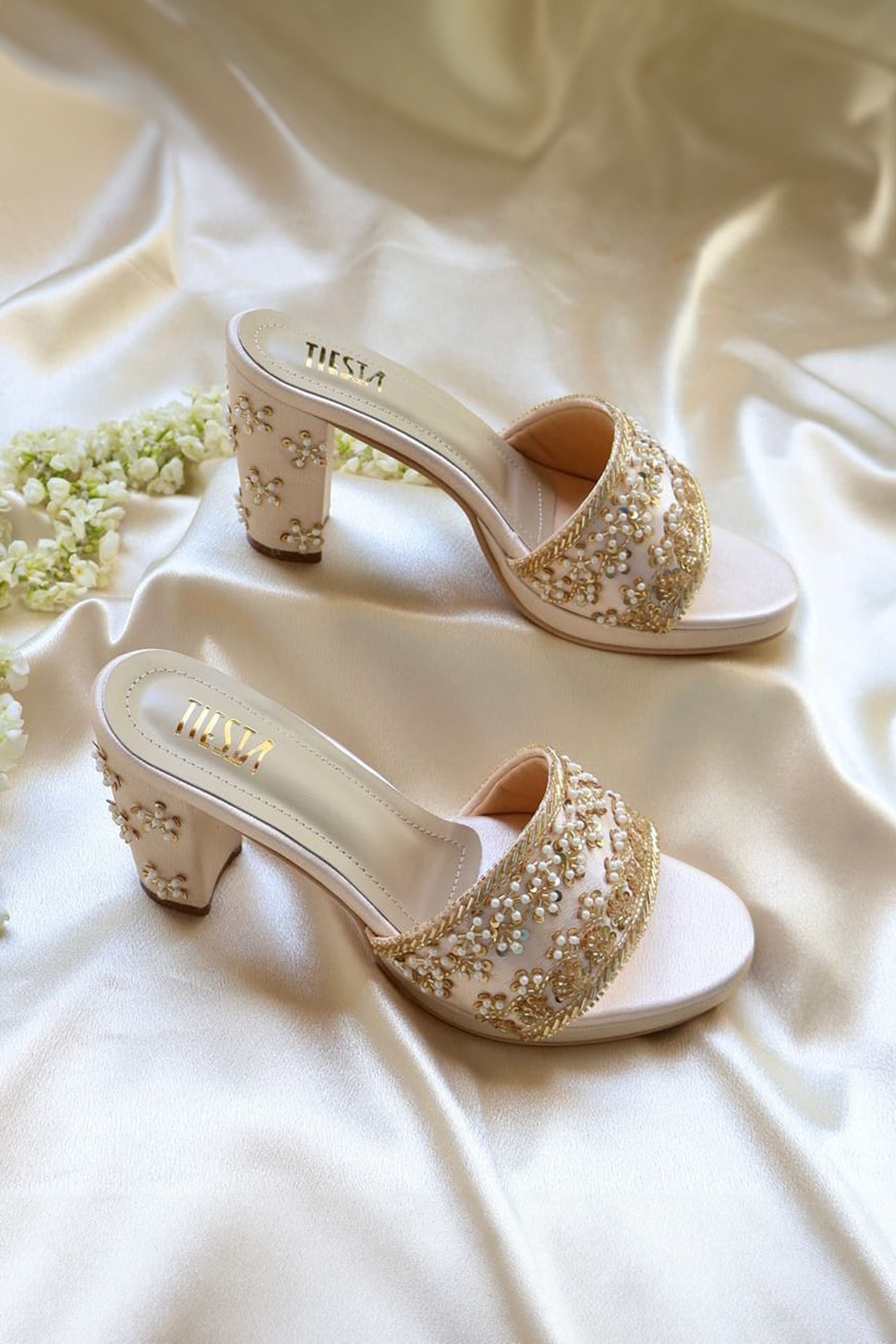 Rose Gold Satin Embroidered Block Heels by TIESTA at Pernia s Pop Up Shop 2024