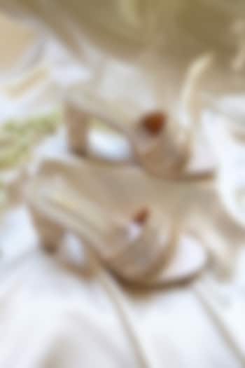 Gold Satin Embroidered Block Heels by TIESTA at Pernia's Pop Up Shop