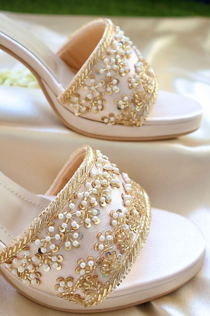 Gold Satin Embroidered Block Heels by TIESTA at Pernia's Pop Up Shop