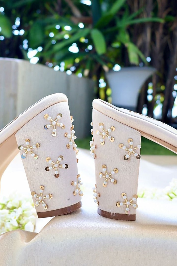 Gold Satin Embroidered Block Heels by TIESTA at Pernia's Pop Up Shop