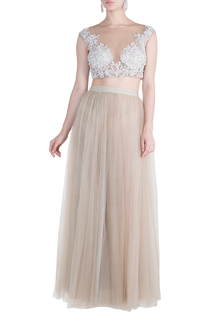 Champagne Skirt With Embroidered Blouse by Tisharth by Shivani at Pernia's Pop Up Shop