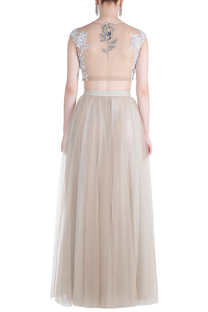 Champagne Skirt With Embroidered Blouse by Tisharth by Shivani at Pernia's Pop Up Shop