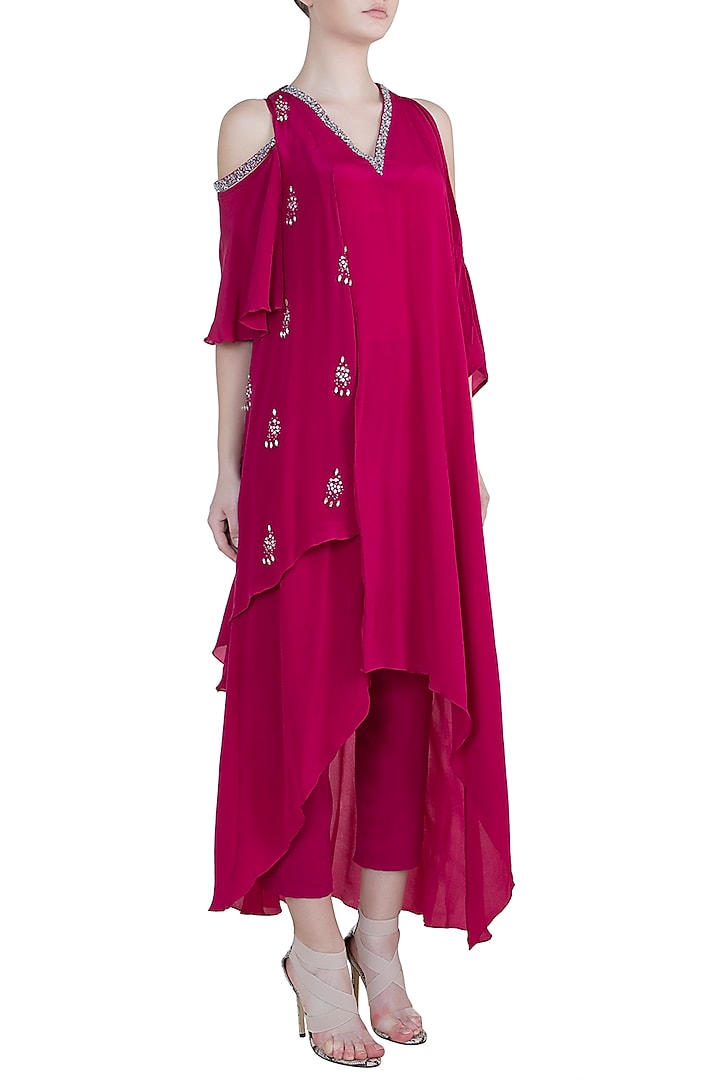 Pink Embroidered Kaftan Top With Pants by Tisharth by Shivani at Pernia's Pop Up Shop