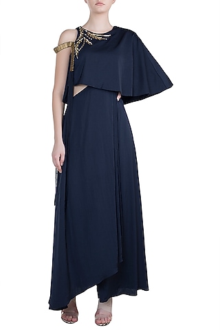 Navy Blue Embroidered Cape Dress by Tisharth by Shivani