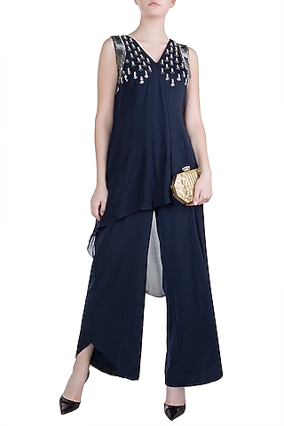 Navy Blue Embroidered Jumpsuit by Tisharth by Shivani
