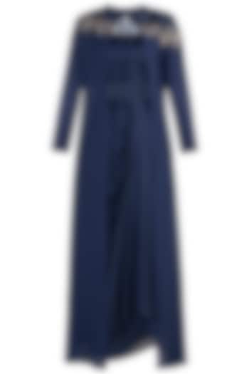 Navy Blue Embroidered Cape With Crop Top & Skirt by Tisharth by Shivani at Pernia's Pop Up Shop