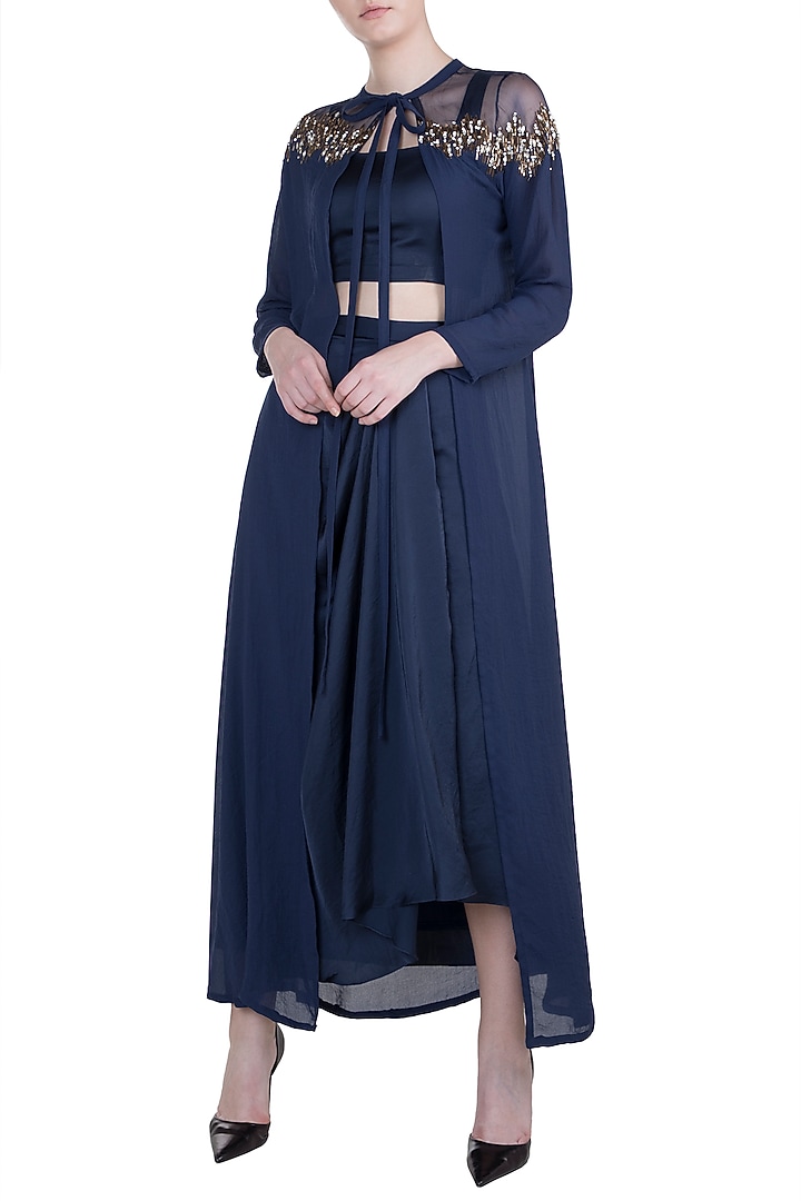 Navy Blue Embroidered Cape With Crop Top & Skirt by Tisharth by Shivani at Pernia's Pop Up Shop