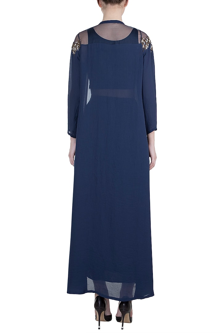 Navy Blue Embroidered Cape With Crop Top & Skirt by Tisharth by Shivani at Pernia's Pop Up Shop