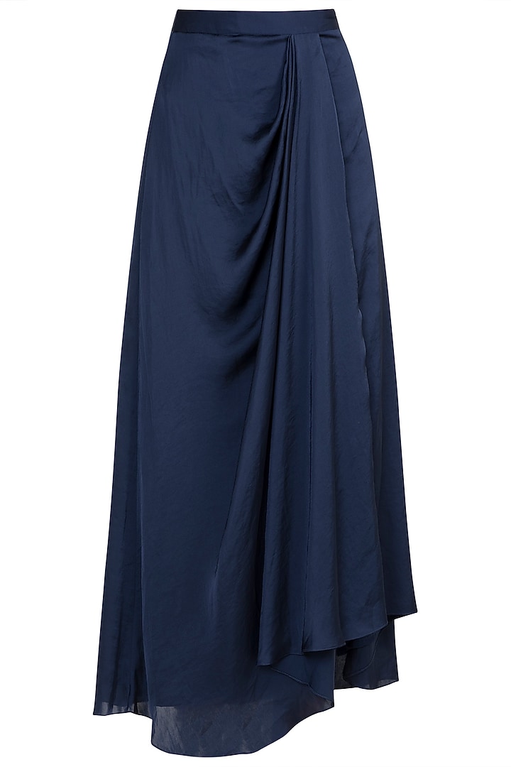 Navy Blue Embroidered Cape With Crop Top & Skirt by Tisharth by Shivani at Pernia's Pop Up Shop