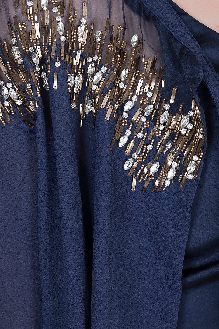 Navy Blue Embroidered Cape With Crop Top & Skirt by Tisharth by Shivani at Pernia's Pop Up Shop