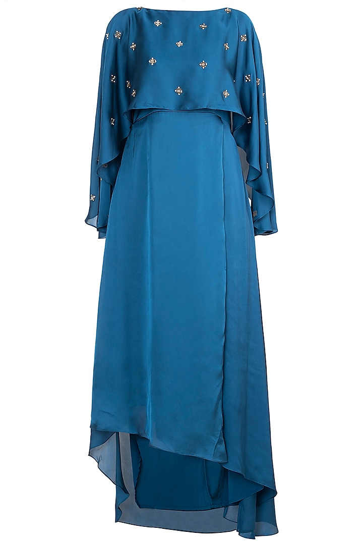 Teal Blue Embroidered Cape Dress by Tisharth by Shivani