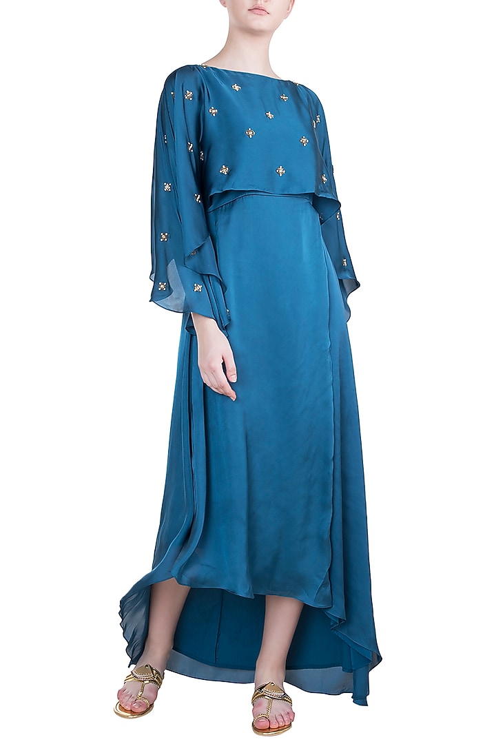 Teal Blue Embroidered Cape Vacation Dress by Tisharth by Shivani at Pernia's Pop Up Shop