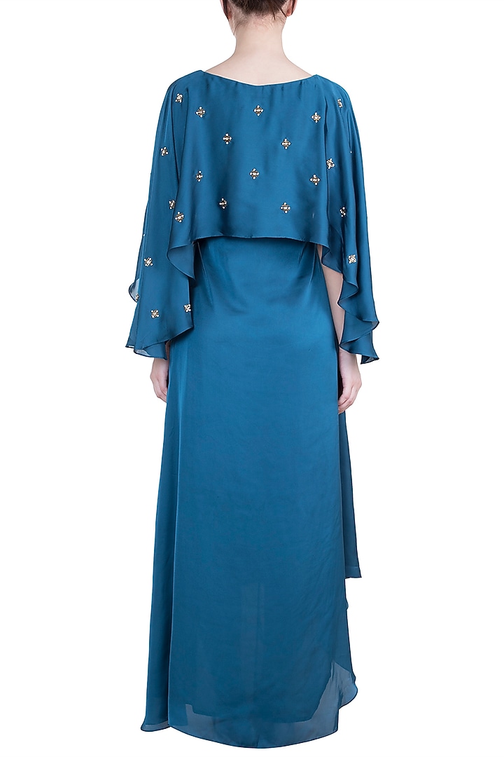 Teal Blue Embroidered Cape Vacation Dress by Tisharth by Shivani at Pernia's Pop Up Shop