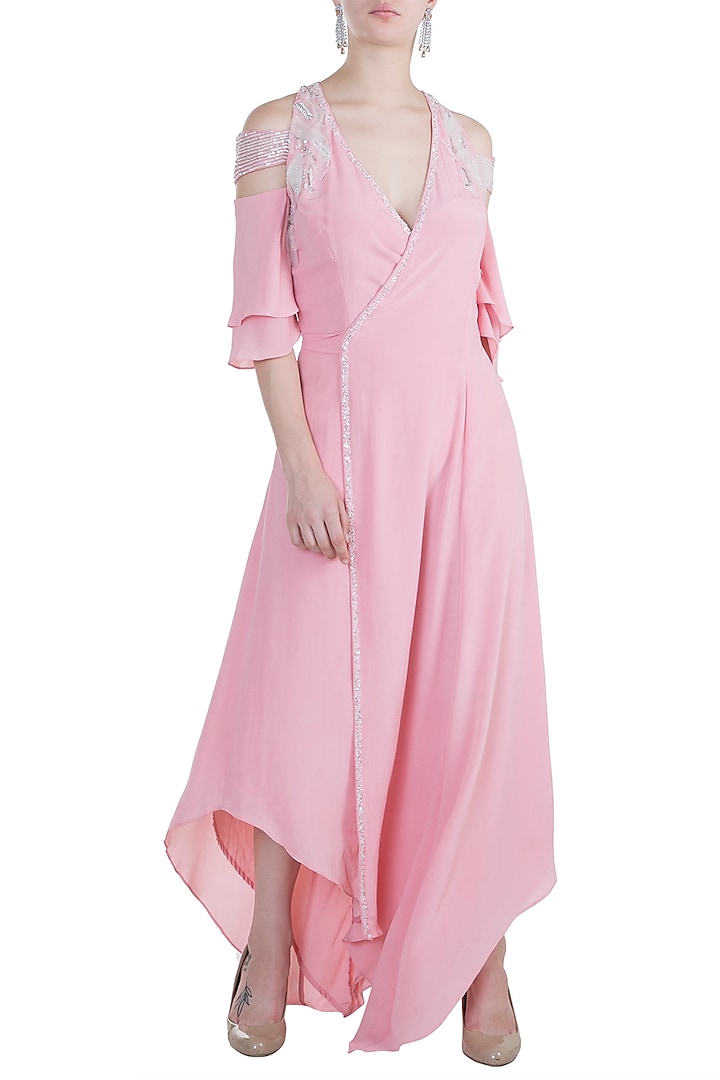 Dusty Pink Embroidered Wrap Vacation Dress by Tisharth by Shivani at Pernia's Pop Up Shop