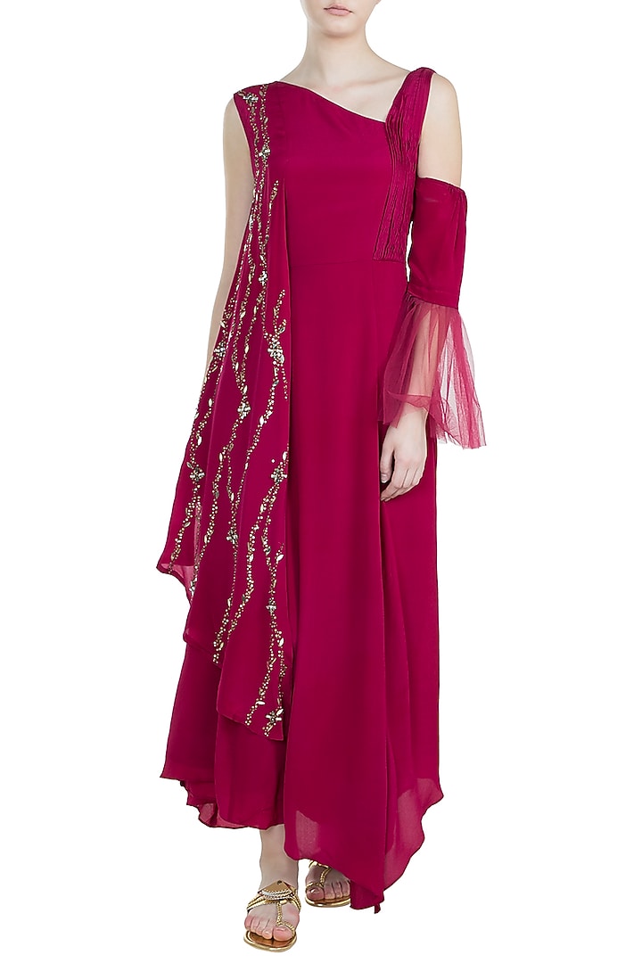 Pink Embroidered Asymmetrical Cocktail Dress by Tisharth by Shivani at Pernia's Pop Up Shop