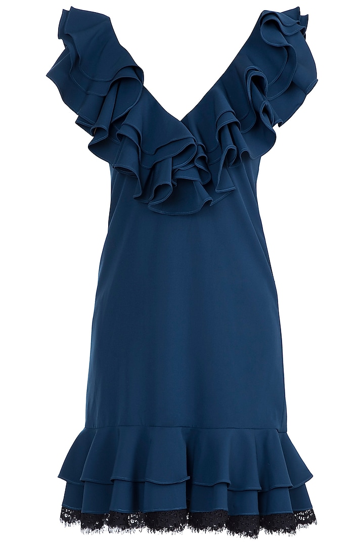 Midnight Blue Ruffled Mini Dress by Tisharth by Shivani