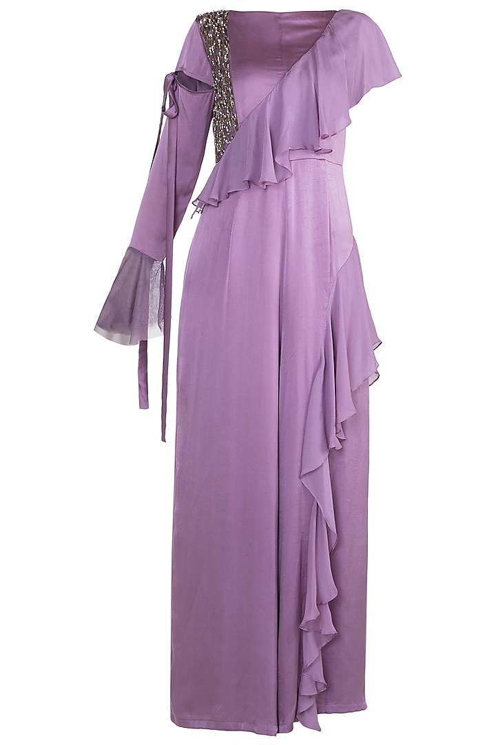 Lilac Embroidered Ruffled Jumpsuit by Tisharth by Shivani