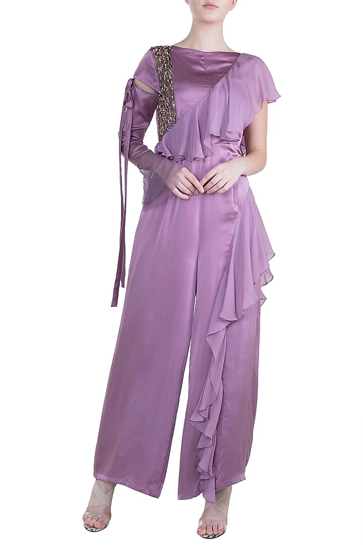 Lilac Embroidered Ruffled Jumpsuit by Tisharth by Shivani at Pernia's Pop Up Shop