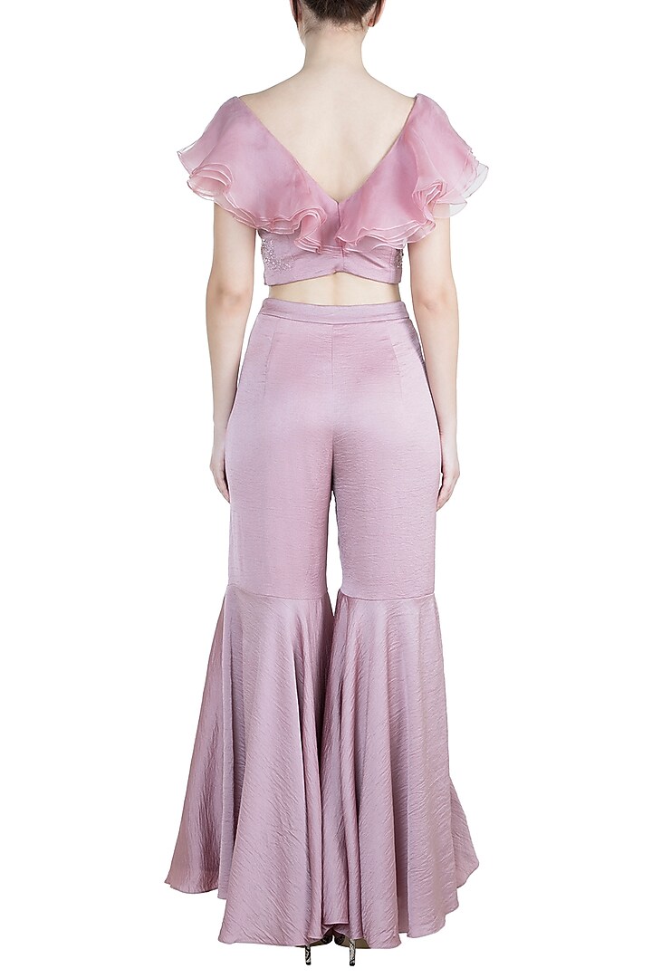 Dusty Pink Embroidered Crop Top With Flared Pants by Tisharth by Shivani at Pernia's Pop Up Shop