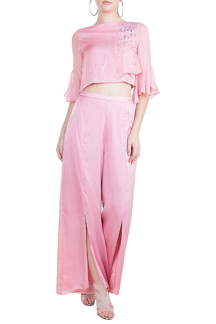 Dusty Pink Embroidered Crop Top With Slit Pants by Tisharth by Shivani at Pernia's Pop Up Shop