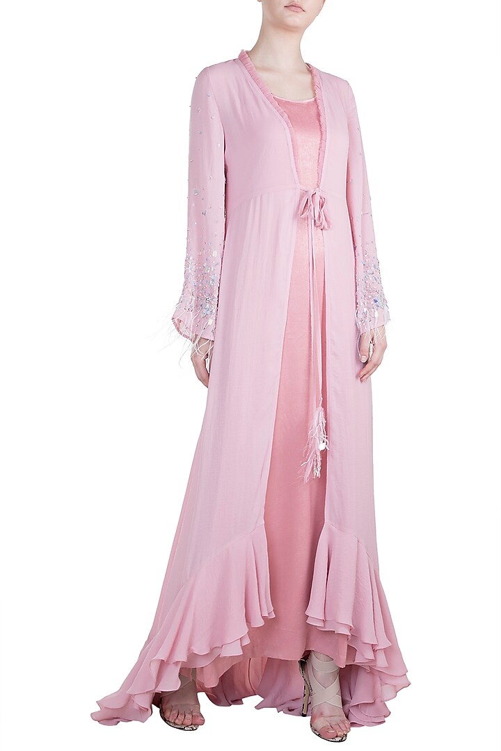 Dusty Pink Cocktail Dress With Embroidered Cape by Tisharth by Shivani at Pernia's Pop Up Shop