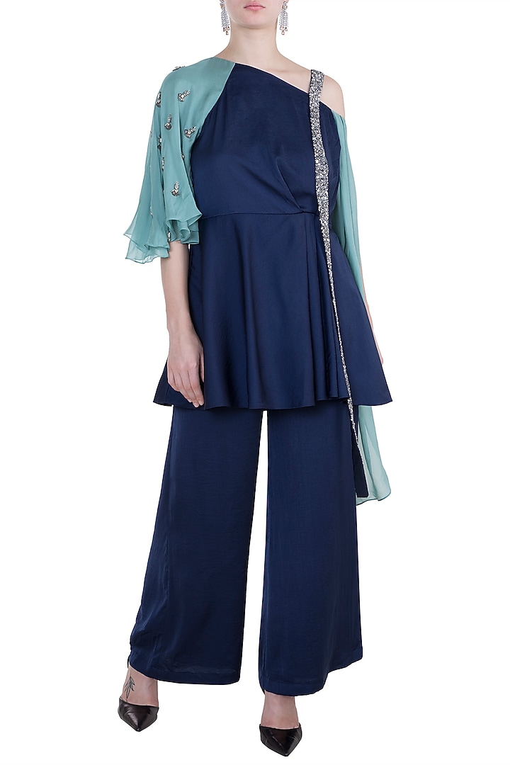 Navy Blue Embroidered Peplum Top With Pants by Tisharth by Shivani at Pernia's Pop Up Shop