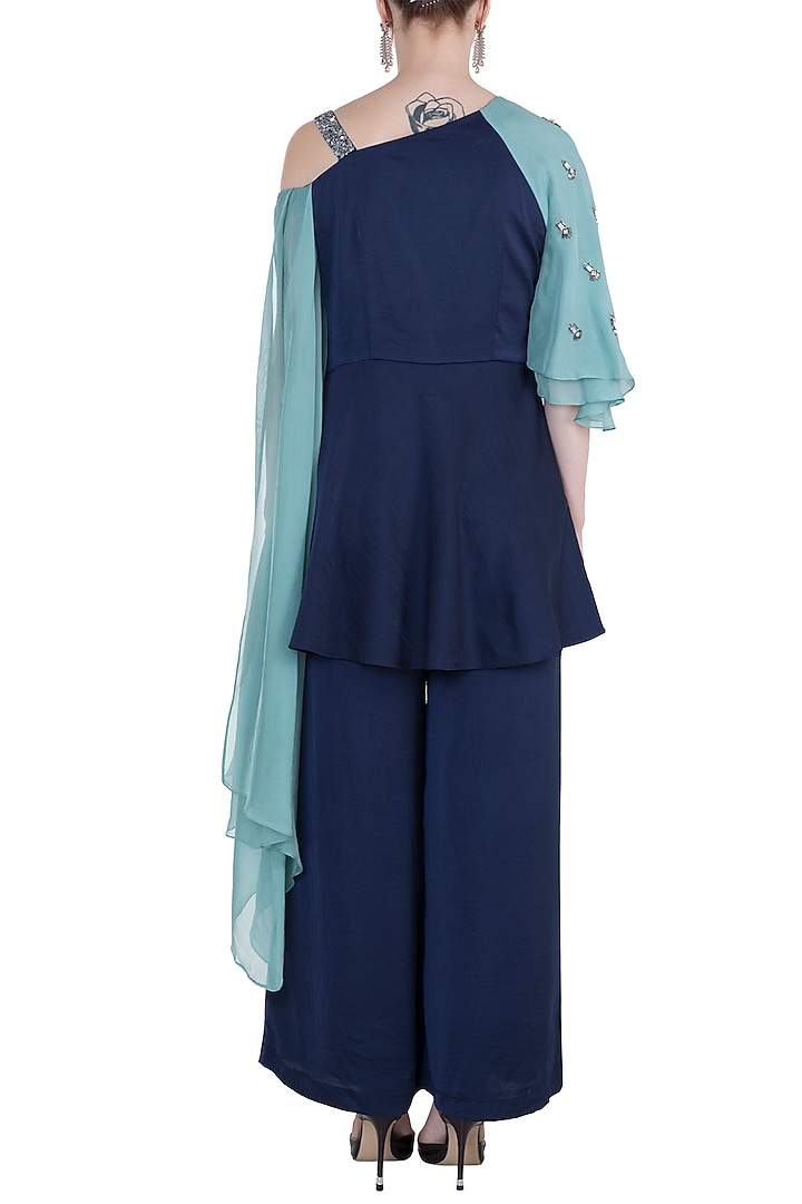 Navy Blue Embroidered Peplum Top With Pants by Tisharth by Shivani at Pernia's Pop Up Shop