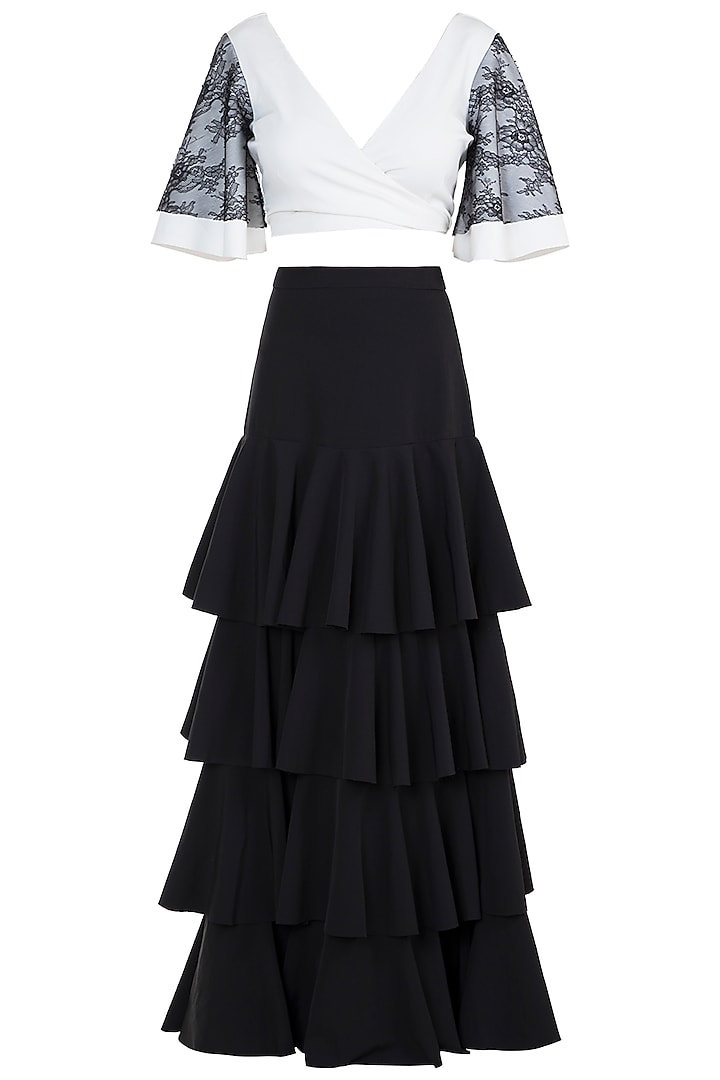 Black Tiered Skirt With Wrap Top by Tisharth by Shivani
