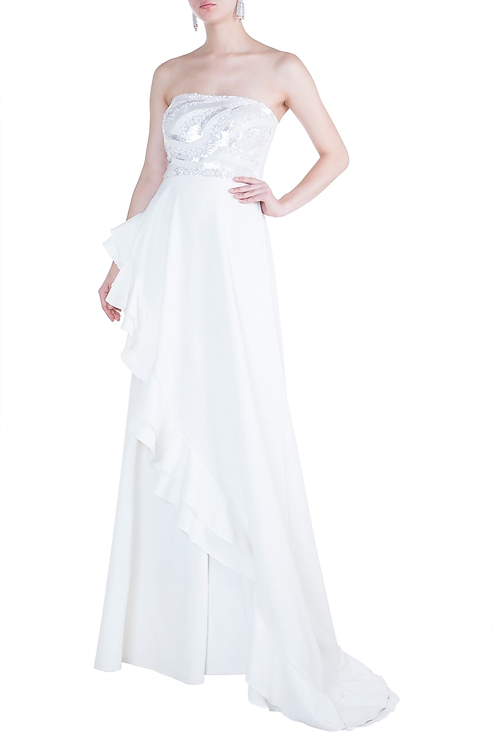 White Embroidered Off Shoulder Gown by Tisharth by Shivani at Pernia's Pop Up Shop