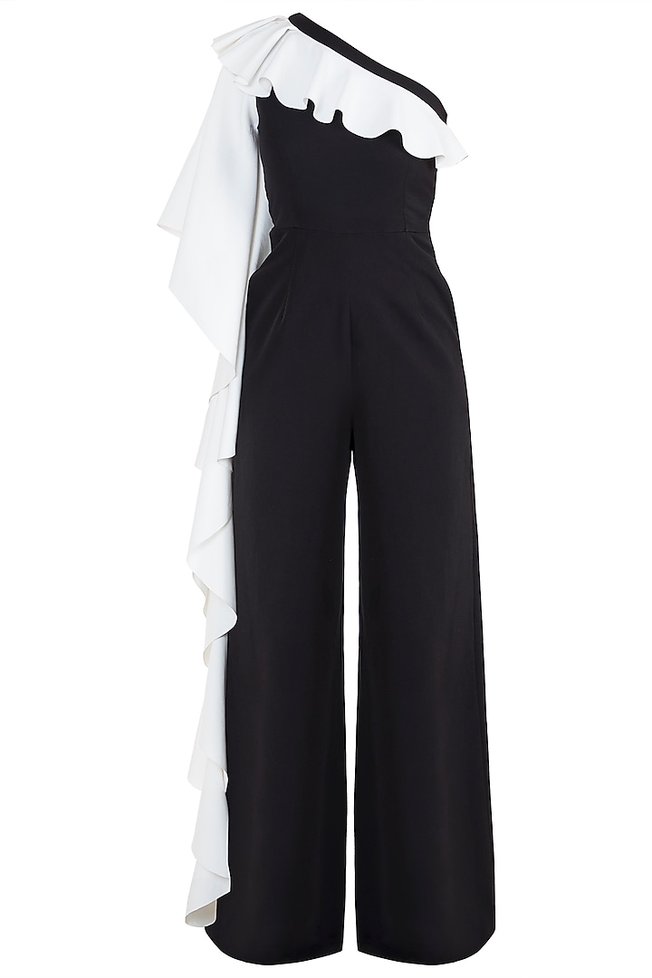 Black Jumpsuit With Ruffle Sleeve by Tisharth by Shivani