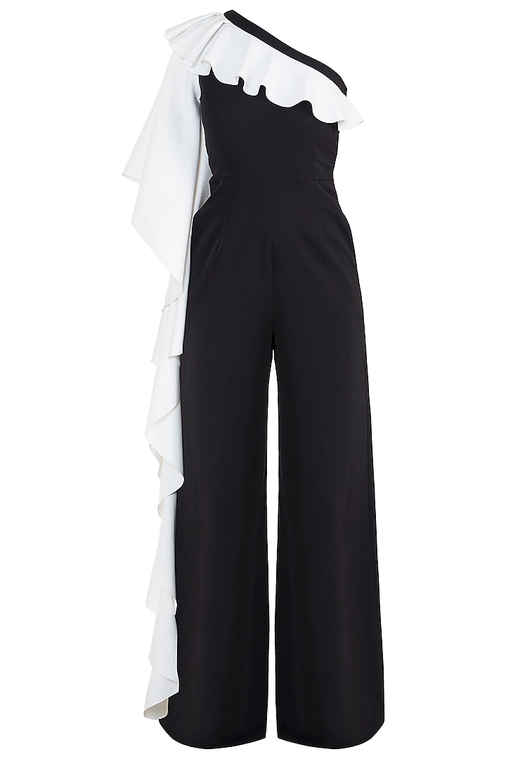 Black Jumpsuit With Ruffle Sleeve by Tisharth by Shivani at Pernia's Pop Up Shop