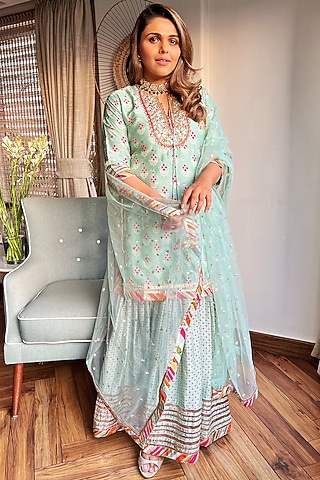 Blue Tussar Silk Gharara Set by GOPI VAID