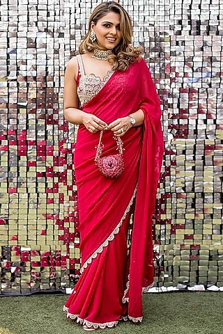 Red Satin & Crepe Saree Set by Bhumika Sharma