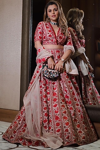 Beige & Red Printed Lehenga Set by Ridhi Mehra