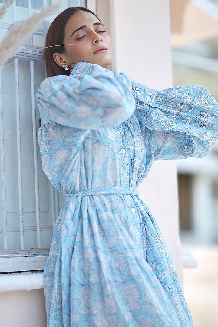Blue Printed Tiered Dress by Marche
